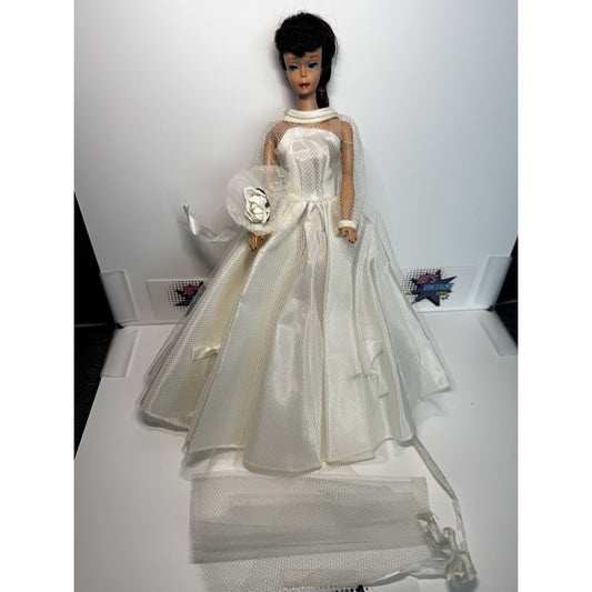 Vintage Barbie Doll #5 Ponytail Brunette In Unknown Branded Wedding Dress