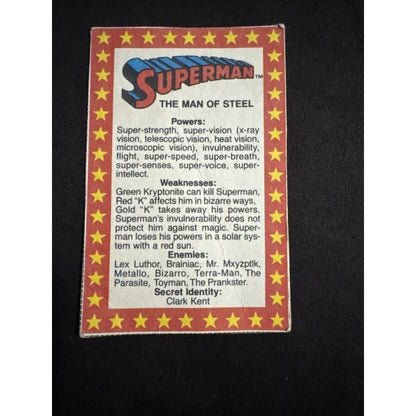 Super Powers Superman With Cape 1984 Action Figure DC Comics Kenner Card Back