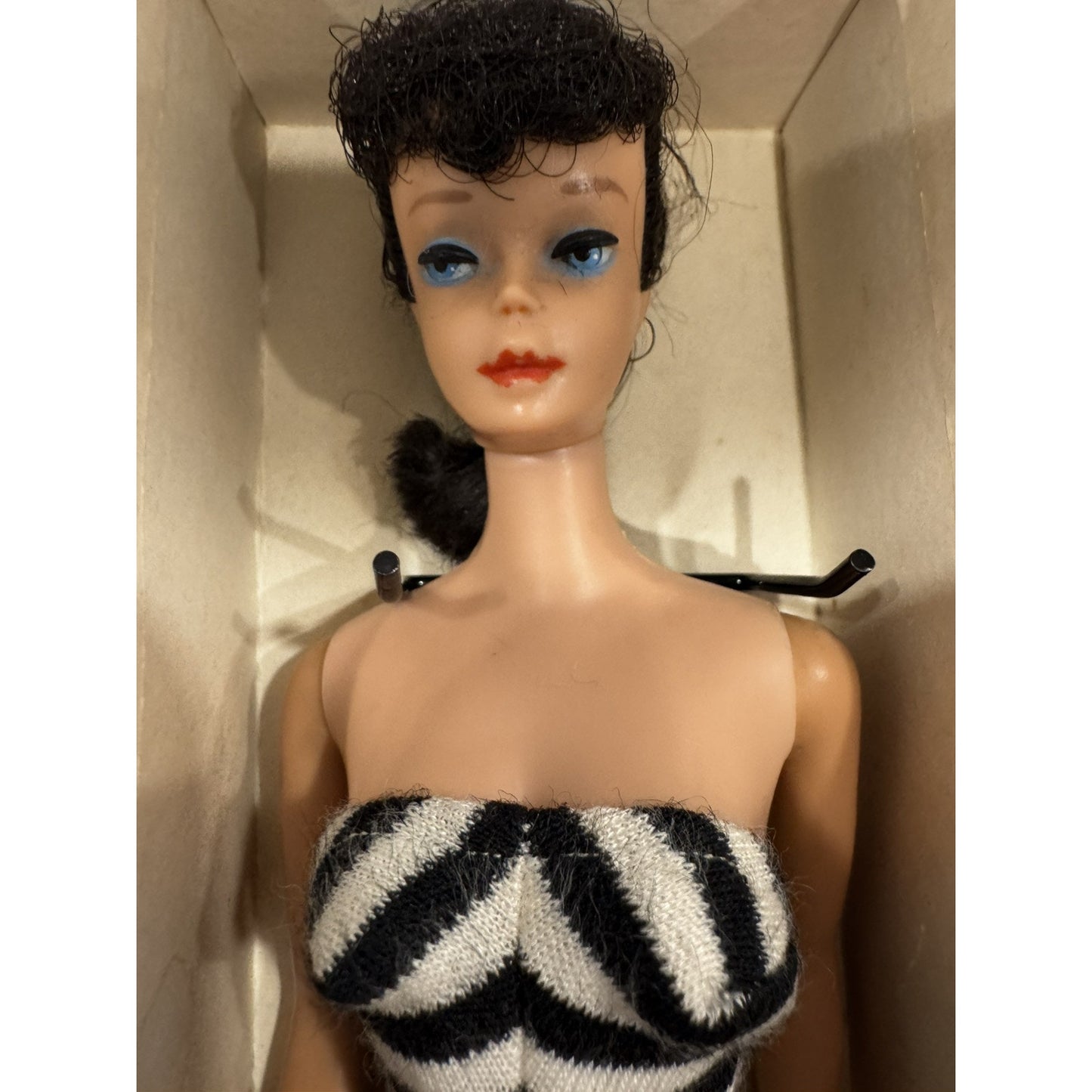 Vintage Barbie Doll #5 Ponytail Brunette With Box, Stand, Booklet, And Earrings