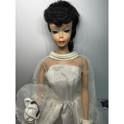 Vintage Barbie Doll #5 Ponytail Brunette In Unknown Branded Wedding Dress